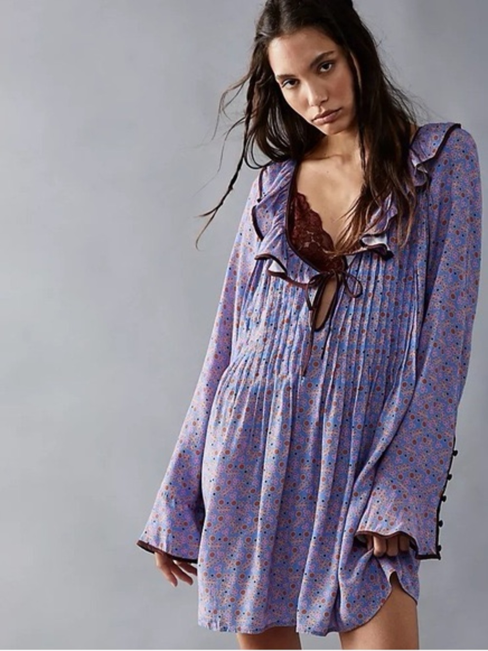 Free People Blossom Baby Purple Floral Ruffle V-Neck Mini Dress